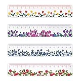 BAYTORY 4 Pcs Plastic Rulers 15 CM, Small Ruler, Measuring Drafting Tools, Acrylic Rulers with Centimeters for School Home Office (Flower)