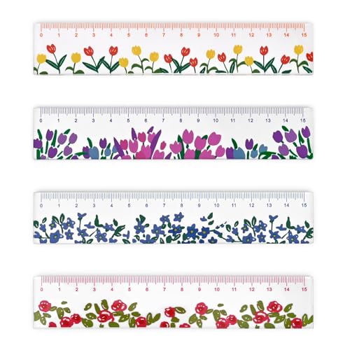 BAYTORY 4 Pcs Plastic Rulers 15 CM, Small Ruler, Measuring Drafting Tools, Acrylic Rulers with Centimeters for School Home Office (Flower)
