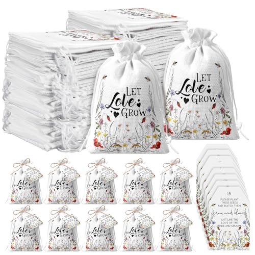 Fumete 50 Set Let Love Grow Seed Packets Wedding Favors for Guests Bulk with Thank You Cards Organizer Burlap Bag and Twine for Bridal Shower Souvenirs Seed Packets Party Gift, No Seeds (Wildflower)