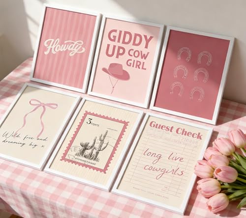 6Pcs Pink Western Cowgirl Canvas Wall Art, Preppy Cute Bow Painting Pictures Wall Decor, Vintage Cowboy Hat Posters Print Artwork for Girly Living Room, Dorm, Home Decoration 12x16in Unframed by SAQANVAN - Used condition - Image 4