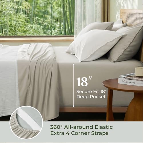 Image of BEDELITE Bamboo Viscose Sheet Set, Full Size, 4 Pieces, Beige | 100% Organically Grown, 18 Inch Deep Pocket, All Round Elastic & Corner Straps, Luxury Silky Cooling Sheets for Hot Sleepers