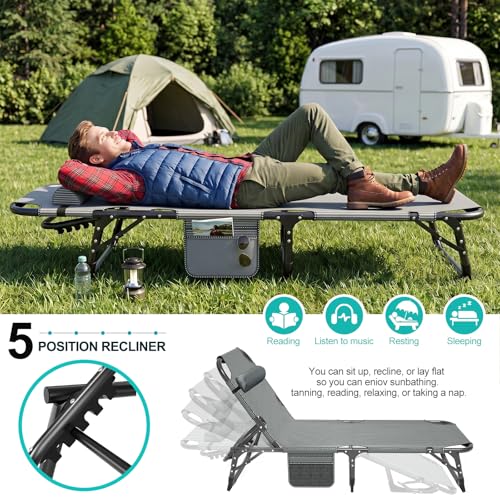 Image of ABORON Patio Lounge Chair, Folding Adjustable Chaise Chair, Max 450LB Load | 5-Gear Adjustable, Zero-Assemble, 75in Length, With Cotton Pad, Side Pocket, for Home, Garden, Beach, Office, Camping