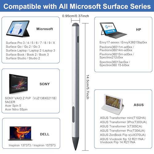 Image of 2025 New Surface Pen for Microsoft Surface Pro 11 /10 /9 /8 /7 /6 /5 /4 /3 /X,Surface Go /Book /Studio /Laptop,4096 Pressure Sensitivity Windows Stylus Pen,USB-C Charging,Eraser & Right-Click,Magnetic Attraction