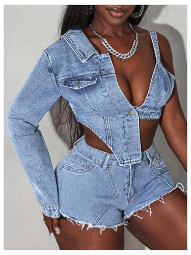 MakeMeChic Women's Denim Jacket Button Front Long Sleeve Cut Out Asymmetrical Crop Top Vinatge Jean Coat4