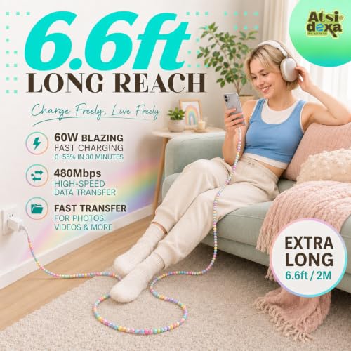 Image of 4-in-1 Beaded Charging Cable, MFi Certified, Works with CarPlay, 6.6FT 60W Fast Charger Cord for iPhone 17 /16 /15 /14 /13 /12 /11, iPad, Samsung, Android and More (Pastel Pop)