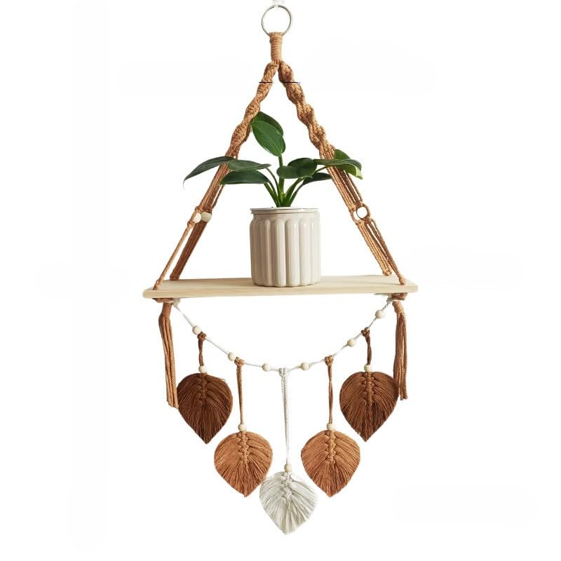 Tonsitian Macrame Wall Hanging Shelf, 39 * 86CM Brown Boho Wall Plant Hanger Shelves with Handmade Woven Leaves, Cotton Rope Plant Holder for Home Wall Decor