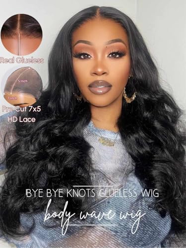 Image of Beauty Forever Easy Put On & Go Glueless Human Hair Wig for Beginners, 7x5 Pre-Cut Lace Front Body Wave Wig, Bye Bye Knots, Pre Plucked, Natural Looking Wig 150% Density Natural Color 20 Inch