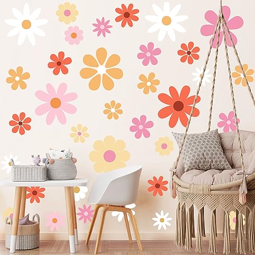 12 Sheets Daisy Wall Decals White Flower Wall Stickers Big Daisy Wall Stickers Peel and Stick Floral Stickers for Kids Girls Nursery Playroom Bedroom Living Room Wall Decor (Bright Style)