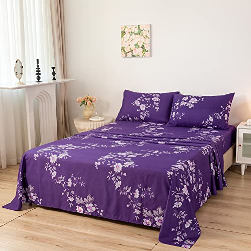 Meishang Queen Sheet Set Floral Printed Sheets Ultra Soft 100% Microfiber - 16 Inch Deep Pocket Comfortable Purple Pattern Printed Sheet Set - 4 Pieces Purple Queen #TOP3