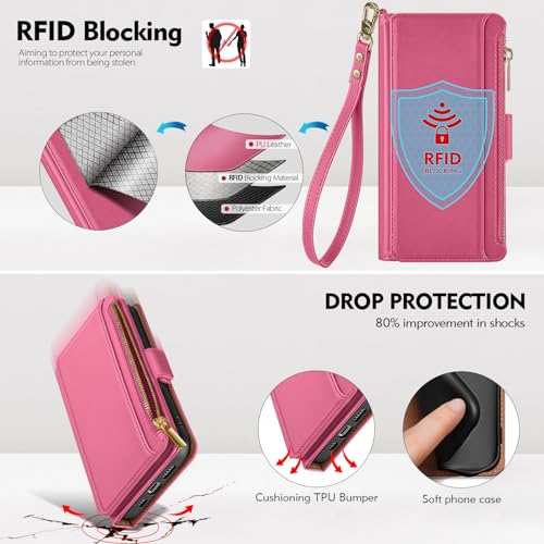 Antsturdy Samsung Galaxy S22 Ultra 5G Wallet with Card Holder for Women Men,Galaxy S22 Ultra 5G Phone case RFID Blocking PU Leather Flip Shockproof Cover with Strap Zipper Credit Card Slots,Hot Pink by Antsturdy - Image 5