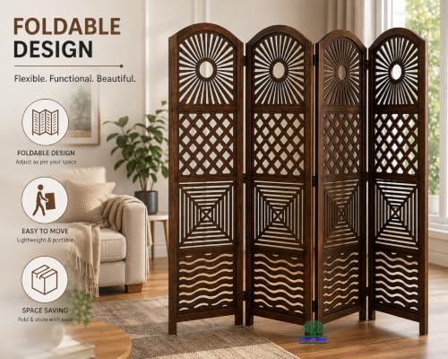 Image of Wooden Room Divider Partition for Living Room | Foldable 4 Panel Decorative Privacy Screen Separator for Home, Office & Bedroom | Modern (Dark Brown)