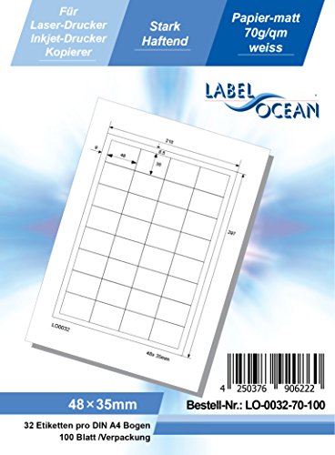 LabelOcean (R) 0032  70  100  Etiquetas universales, 100 hojas, 70 g/m², papel de gran calidad