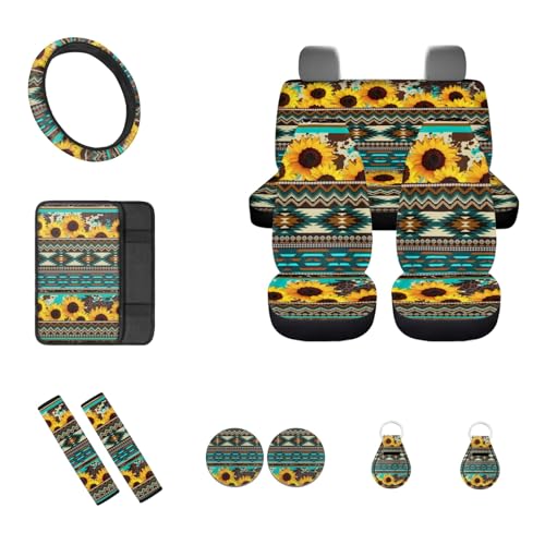 FUIBENG 12pcs Aztec Sunflower Car Seat Cover Accessory for Women,Southwest Tribal Graphic Sunflower Car Front&Rear Bench Seat Covers,Key,15Inch Steering Wheel,Seatbelt,Armrest Pad,Auto Interior Decor