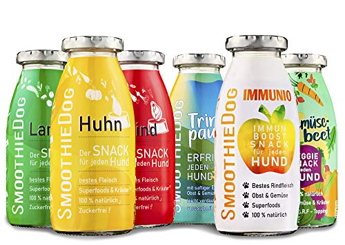 Lickimat Buddy L 30,5x25,5cm mit SmoothieDog Hundesmoothie 6er Probierset - 100% getreidefrei, für alle Hunde, 6 Sorten - Lamm, Rind, Huhn, Trinkpause, Immunio und Gemüsebeet, je 1x 250 ml