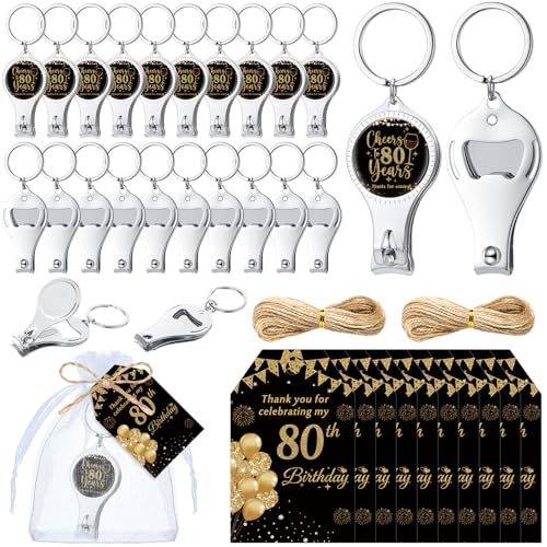 Zeyune 30 Sets 80th Birthday Party Favors for Guests, Cheers to 80 Years Black Gold Bottle Opener Nail Clipper Keychain with Thank You Card for Return Gifts Anniversary Party Wedding(80th, black gold)