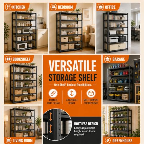Image of 5 Tier Black Metal Bookshelf, Industrial Corner Book Case Shelving Unit, Heavy Duty Steel Storage Rack Shelves Organizer for Books Plants Decor, Free Standing Shelf for Living Room Bedroom Office