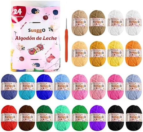 SusggO Pack 24 Ovillos Lanas para Crochet Ganchillo Algodon de Leche Lanas para Tejer Punto a mano DIY Madejas Hilo para Tejer Ovillo Lana Colores surtidos Aguja de Ganchillo