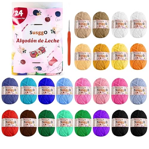 SusggO Pack 24 Ovillos Lanas para Crochet Ganchillo Algodon de Leche Lanas para Tejer Punto a mano DIY Madejas Hilo para Tejer Ovillo Lana Colores surtidos Aguja de Ganchillo