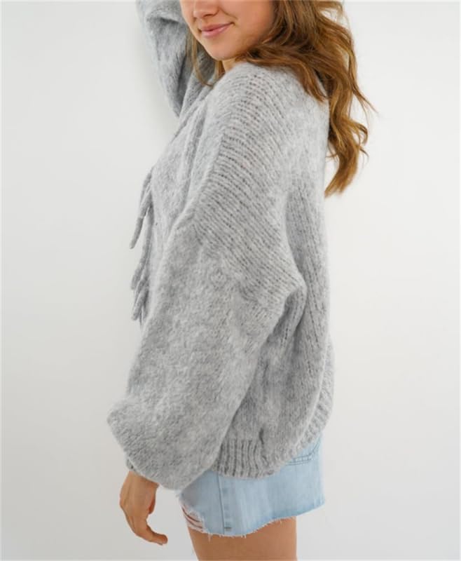Image of Women Tie Front Oversized Knitted Cardigan Y2k Girls Knitwear Sweater Top Lantern Sleeve Open Front Cardigan (Grey, M)