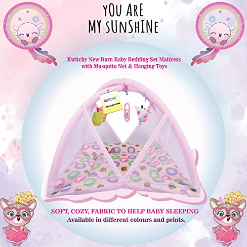 Image of Kwitchy Baby Bedding Set New Born Baby Bed Mattress with Mosquito Net Play Gym Bed with Hanging Toys (0-6 Months, Pink)