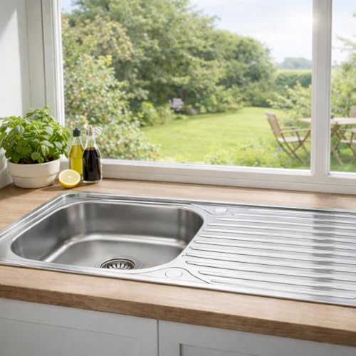 Evier Inox 1 Bac en acier inoxydable 86 x 43,5 cm – Évier encastrable – Avec siphon, trou de robinet et égouttoir