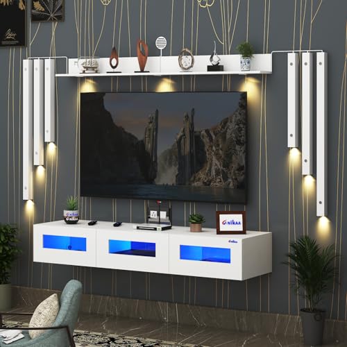 Image of Anikaa RayzaNote Engineered Wood Wall Mount TV Unit Acrylic Blue LED Storage Box, Side Wooden Accent Spot Light I Deal for Up to 50 Inch TV White - DIY Installation