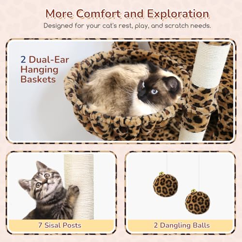 Image of Globlazer Heavy Duty Cat Tree, 74inch Sturdy Cat Tower for Large Cats Adult, Big Cat Tree with 7 Sisal Scratching Posts, 2 Padded Cat Condos, 2 Hanging Baskets, Enlarged Top Perch, S74, Leopard Print