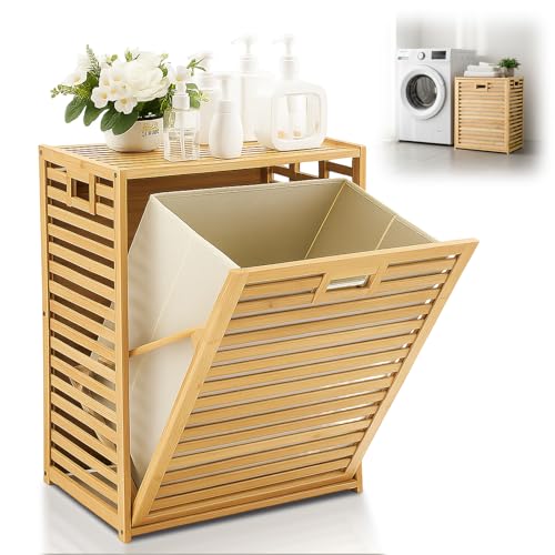 Threehoney Bamboo Tilt out Laundry Hamper Cabinet 18 Gallon Bamboo Laundry Basket with Removable and Foldable Fabric Bin, Large Clothes Hamper Basket Organizer for Bathroom Bedroom Closet, Natural