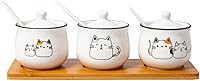 Vista 2 de Tarro de especias de cerámica con diseño de gato de dibujos animados para condimentos con tapa y cuchara