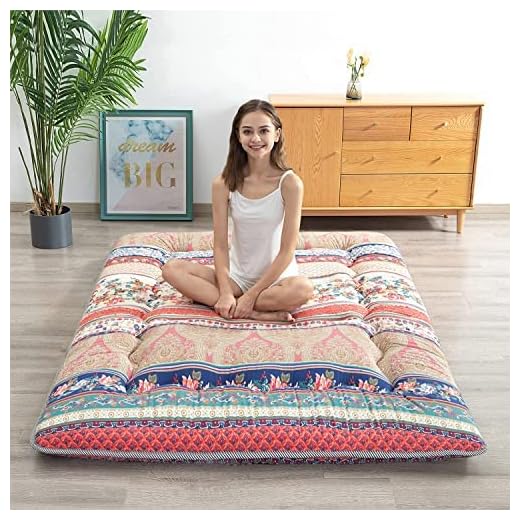 HIGOGOGO Japanese Floor Mattress for Adults, Thick Foldable Futon Mattress for Floor, Korean Roll Up Sleeping Pads, Portable Folding Foam Floor Bed Tatami Mat, Shikibuton for Guest, Boho C, Twin
