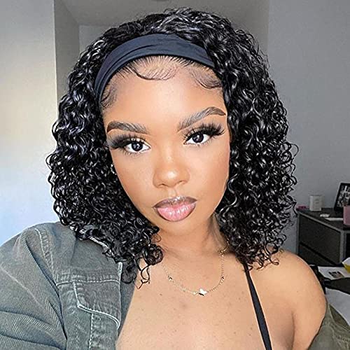 Bob Headband Wig Human Hair Short Bob Wig Headband Bob Wigs For Black Women Curly Wave Bob Headband Wig Human Hair Wigs 150% Density (14 Inch)