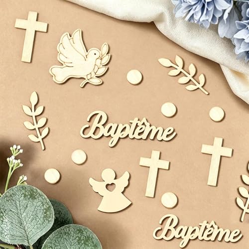 RIIRCSGE 100PCS Decoration Bapteme, Deco Bapteme Confettis en Bois, Décoration de Table avec Ange, Croix, Colombe, Feuilles, Accessoire de Fête Communion Décoration de Table Festive