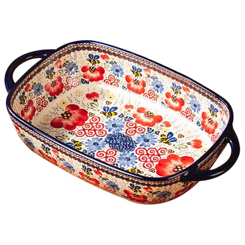 Plat de four en céramique, plat de cuisson, four en céramique résistant à la chaleur à 730 ml avec des poignées doubles, lasagne rectangulaire imprimé floral, plats casserole lavables non glissa