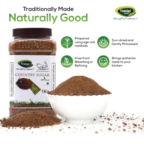 Image of Thanjai Natural 1kg Jar Sugarcane Jaggery Powder /Country Brown Sugar /Naatu Sakkarai - 100% Natural (1kg Jar)