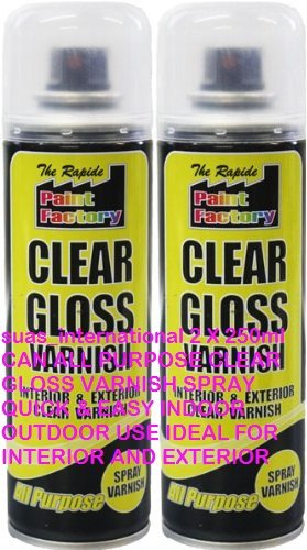 suas_international 2 X 250ml CAN ALL PURPOSE CLEAR GLOSS VARNISH SPRAY QUICK & EASY INDOOR OUTDOOR USE IDEAL FOR INTERIOR AND EXTERIOR NO CFC.s