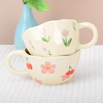 Cute Coffee Mug, Ceramic Tea Mugs, Handmade Irregular Coffee Cup, Purple Tulip Flower Mug with Spoon, Aesthetic Mugs for Milk Cocoa, Mother’s Day Gift for Mom Women Christmas 250ml (Purple)