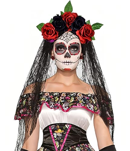 June Bloomy Day of the Dead Headpiece Rose Floral Crown Veil Halloween Costume Mexican Flower Headband(Red Black)