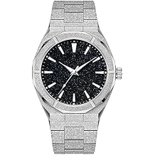 PINTIME Fashion Mens Watch Frosted Star Dust Dial Stainless Steel Quartz Analog 41MM Stylish Business Waterproof Watches for Men