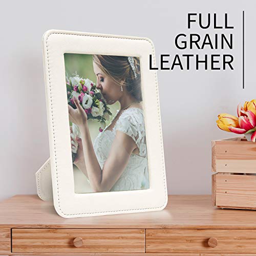 Maruse Italian Leather Picture Frame With Glass Photo Protection, Handmade In Italy, Size 5X7 Inches, White #TOP4