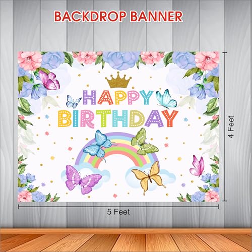 Image of Butterfly Birthday Backdrop 5x4 Ft | Backdrops for Decoration | Birthday Decoration Backdrop | Banner for Kids Theme Party