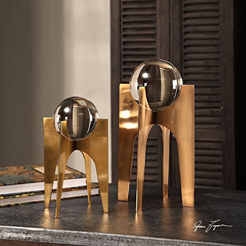 My Swanky Home Midcentury Modern Crystal Ball Sculpture Set Copper Bronze Glass Sphere Pedestal #TOP1