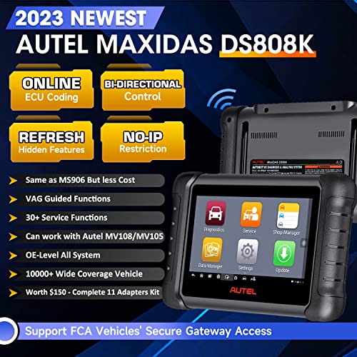 Autel Maxidas Ds808K, 2023 Ecu Coding Full Bidirectional Diagnostic Scan Tool W/ $200 11Pcs Adaptors, Alternative For Maxisys Ms906, Upgrade Of Ds808 Ds708 Mp808, 30+ Service, Vag Guided, Fca Autoauth #TOP1