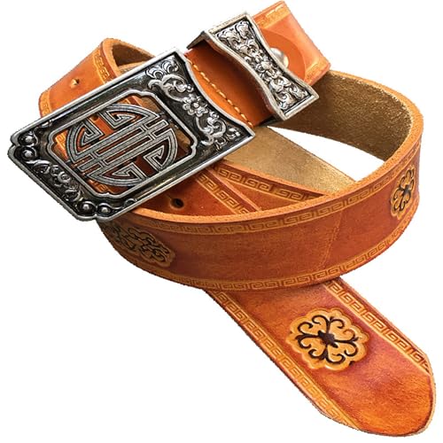 Mens Western Cowboy Cowgirl Genuine Leather Belt, Floral Embossed Leather Belt Square Buckle Casual Belt For Daily Decoration