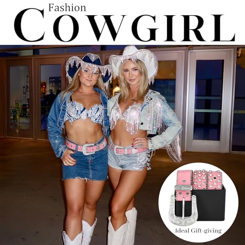 WERFORU Western Rhinestone Leather Belt,Cowgirl Cowboy Bling Belt For Jeans With Silver Vintage Western Buckle4