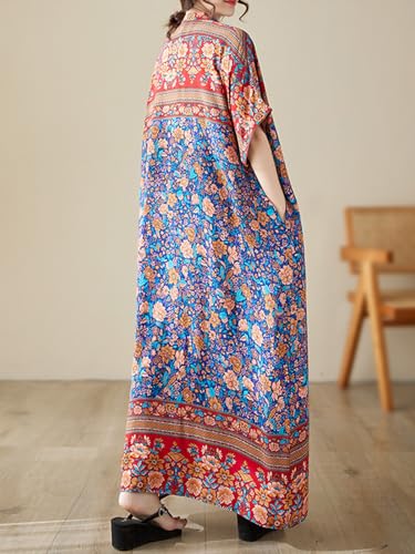 Image of Summer Floral Plus Size Dresses for Women V Neck Casual Loose Dress with Side Pockets