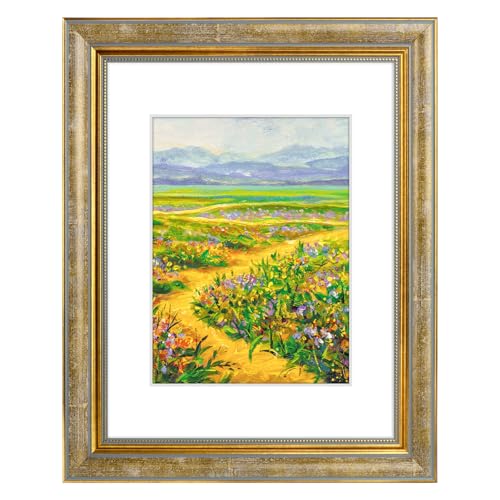 Image of Golden State Art,8.5x11 Ornate Picture Frame Holds 6x8 Photo,Vintage Gold | Includes plexiglass front,white mat,easel stand,build-in hangers and buttons.Displays 6x8 photo on wall or tabletop