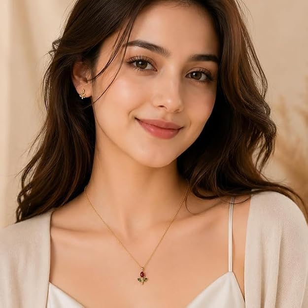 Image of Gold-Tone Rose Pendant Necklace for Women with Red Crystal, Floral Charm Chain Stainless Steel Anti Tarnish Waterproof Hypoallergenic, Gift for Her