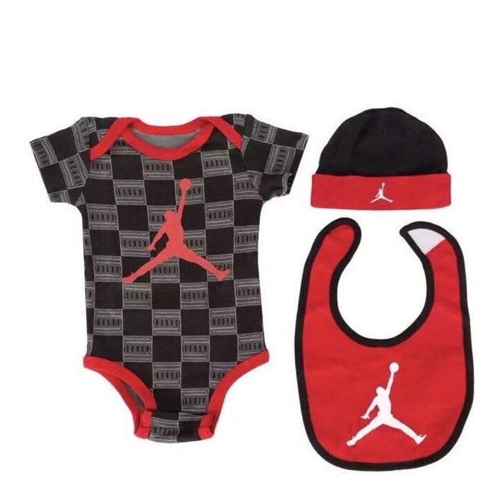 Nike Jordan 3-piece set (onesie, hat, bib), 0-6 months, Patterned Black/Red