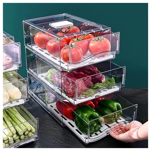 YekouMax Organizador Nevera, Apilable Organizador Frigorifico, Reutilizable Organizadores Nevera, Adecuado para Cocina Casera, Refrigerador, Restaurante de Barbacoa, Sin BPA(2 Cajones, Grande)