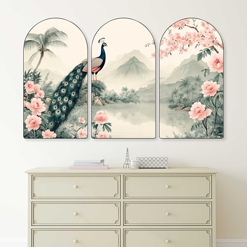 Image of Livin'luxe Peacock Wall Art | Set of 3 MDF Panel Paintings | Scenic Mountain & Floral Theme Decorative Wall Hanging for Living Room, Bedroom, Office & Home Interiors